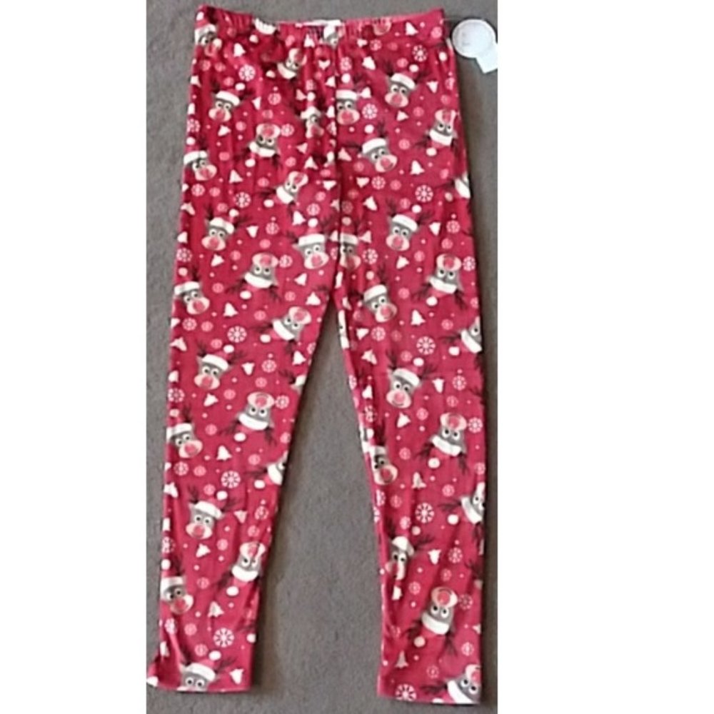 Juniors Womens Christmas Reindeer in Santa Hat Plush Leggings  Size XL Snow NWT